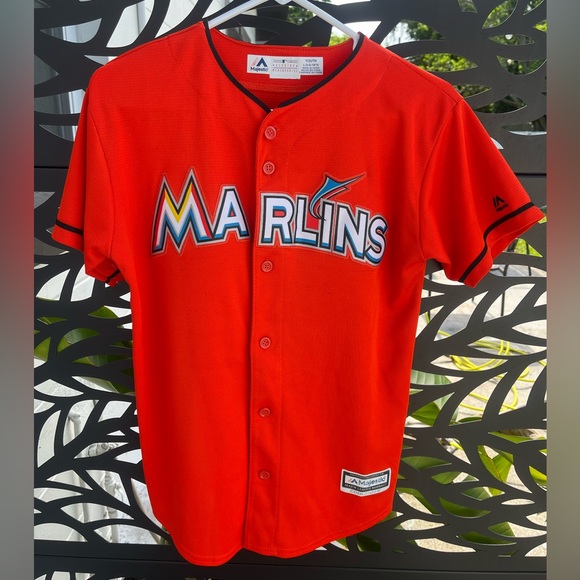 Miami Marlins Majestic Firebrick Alternate Cool Base Jersey Youth Large 14 - 16 - Picture 1 of 4